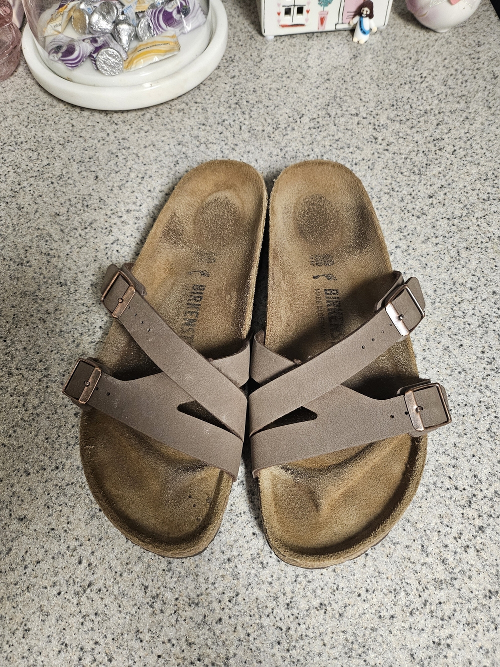 Birkenstock Brown Two-Strap Cross Slide Sandals